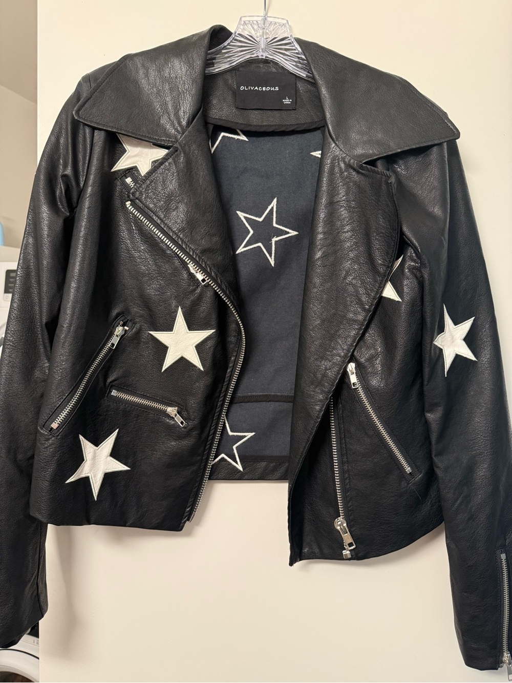 Olivaceous Black Leather Moto Jacket with White Star Accents